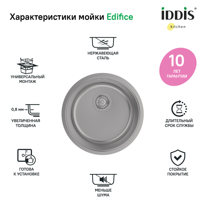 Мойка, нерж.сталь, универсального монтажа, графит, D-425*180, Edifice, IDDIS, EDI42G0i77